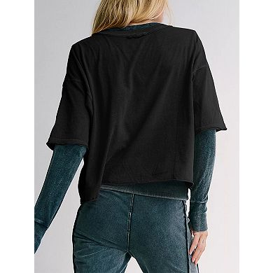 Womens Short Sleeve Crop Tops Crew Neck T Shirts Loose Casual Drop Shoulder Basic Tees with Pockets