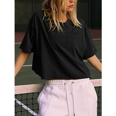 Womens Short Sleeve Crop Tops Crew Neck T Shirts Loose Casual Drop Shoulder Basic Tees with Pockets