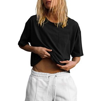 Womens Short Sleeve Crop Tops Crew Neck T Shirts Loose Casual Drop Shoulder Basic Tees with Pockets
