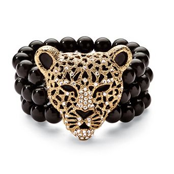 PalmBeach Jewelry Genuine Black Onyx and Crystal Leopard Stretch Bracelet in Yellow Goldtone