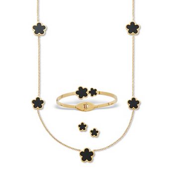PalmBeach Jewelry Genuine Black Onyx Yellow Gold Ion-Plated Stainless Steel Clover Jewelry Set