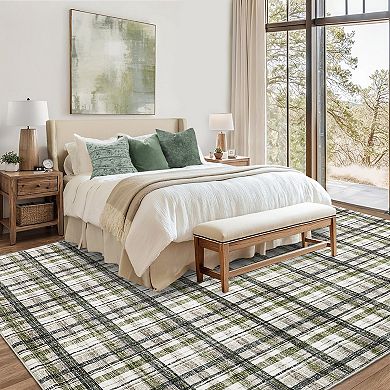 Machine Washable Modern Grid Area Rug Non Slip Bordered Carpet for Living Room Bedroom