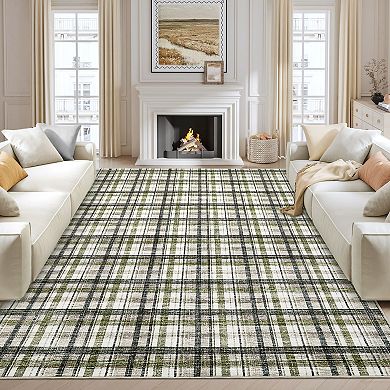 Machine Washable Modern Grid Area Rug Non Slip Bordered Carpet for Living Room Bedroom