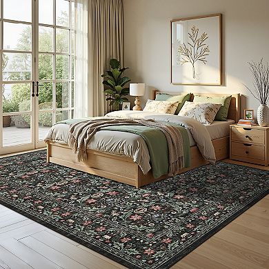 Retro Pastoral Floral Washable Area Rug Ultra Thin Non Slip Non ...