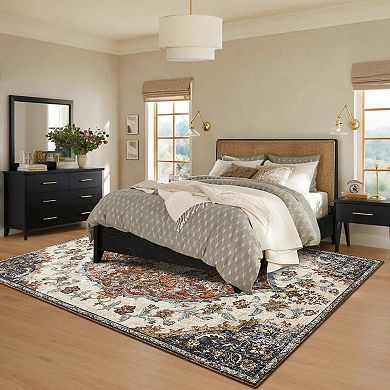 Machine Washable Boho Vintage Floral Area Rug Non Slip Throw Carpet for Home