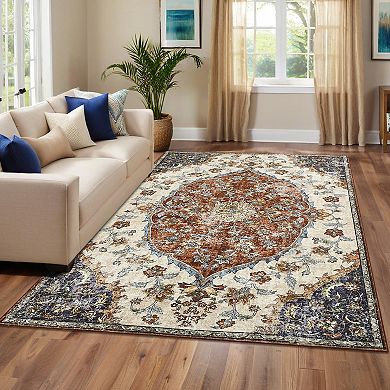 Machine Washable Boho Vintage Floral Area Rug Non Slip Throw Carpet for Home