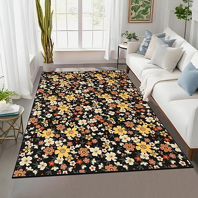 Modern Floral Printed Area Rug Ultra Thin Machine Washable Stain Resistant Non Slip Carpet