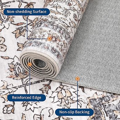 Boho Area Rug, Washable Low Pile Rug with Non-Slip Backing, Vintage Floral Rugs