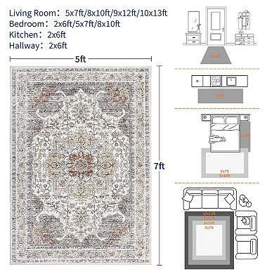 Boho Area Rug, Washable Low Pile Rug with Non-Slip Backing, Vintage Floral Rugs