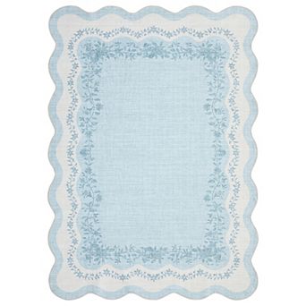 Scalloped Floral Washable Area Rug Low Pile Non Slip Foldable Rug for Living Room Bedroom