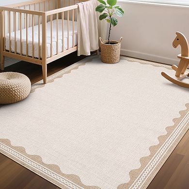 Solid Area Rugs,Ultra-Soft Scalloped Bedroom Rug Non-Slip Washable Modern Throw Rugs Stain-Resistant