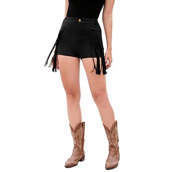 Women's Tassel Trimmed Imitation Leather Club Party Denim Tassel High Waisted Mini Shorts