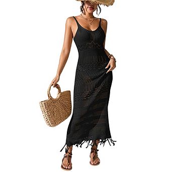 Women's Summer Spaghetti Strap Maxi Dress Sleeveless Knitted V-neck Tank Dress Crochet Print Dress