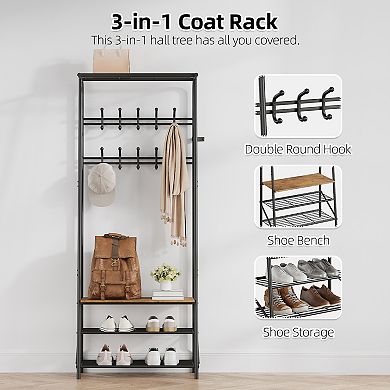 3-in-1 Hall Tree with Shoe Bench and Coat Hooks, Rustic Wooden Entryway Organizer for Mud Room