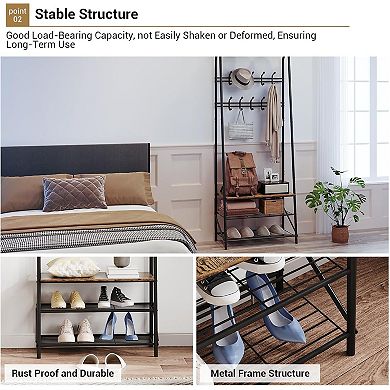 3-in-1 Hall Tree with Shoe Bench and Coat Hooks, Rustic Wooden Entryway Organizer for Mud Room