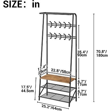 3-in-1 Hall Tree with Shoe Bench and Coat Hooks, Rustic Wooden Entryway Organizer for Mud Room