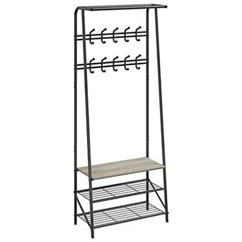 3-in-1 Hall Tree with Shoe Bench and Coat Hooks, Rustic Wooden Entryway Organizer for Mud Room