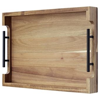 17"X12" Acacia Wood Handle Serving Tray