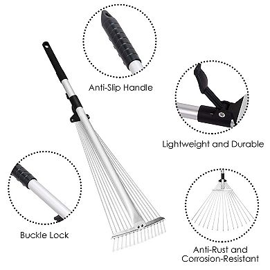 Adjustable Garden Leaf Rake 15 Teeth Expanding Stainless Steel Rake