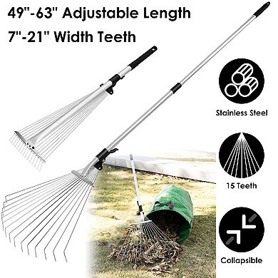 Adjustable Garden Leaf Rake 15 Teeth Expanding Stainless Steel Rake