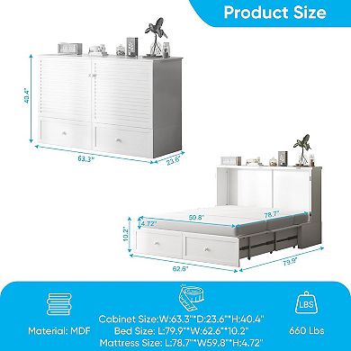 63“W Queen Size Murphy Bed Cabinet with Tri-Folding Mattress