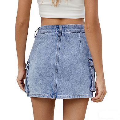 Women's Cargo Pocket Denim Mini Skirt High-Waisted Distressed Jean Skirt Functional Side Pockets
