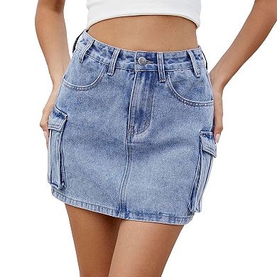 Women's Cargo Pocket Denim Mini Skirt High-Waisted Distressed Jean Skirt Functional Side Pockets