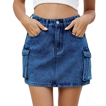 Women's Cargo Pocket Denim Mini Skirt High-Waisted Distressed Jean Skirt Functional Side Pockets