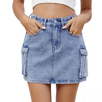 Women's Cargo Pocket Denim Mini Skirt High-Waisted Distressed Jean Skirt Functional Side Pockets