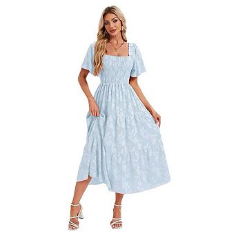 Women Summer Boho Floral Midi Dress Casual Short Sleeve Square Neck Flowy Beach Vacation Long Dress