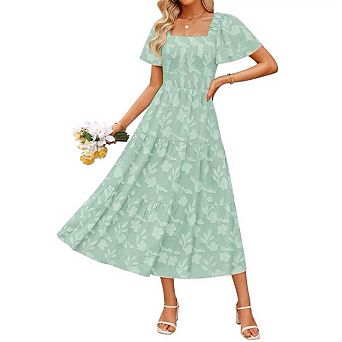 Women Summer Boho Floral Midi Dress Casual Square Neck Short Sleeve Flowy Beach Vacation Long Dress