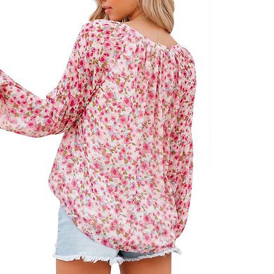 Women's Casual Ruffle V Neck Long Sleeve Blouses Boho Floral Loose Shirt Tops
