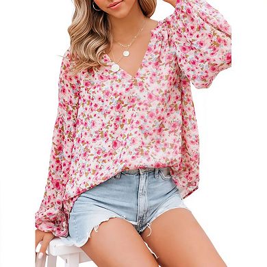 Women's Casual Ruffle V Neck Long Sleeve Blouses Boho Floral Loose Shirt Tops