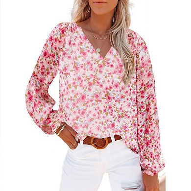 Women's Casual Ruffle V Neck Long Sleeve Blouses Boho Floral Loose Shirt Tops