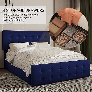 Bed Frame with 4 Storage Drawers and Headboard, Linen Platform Bed with Wooden Slats Support