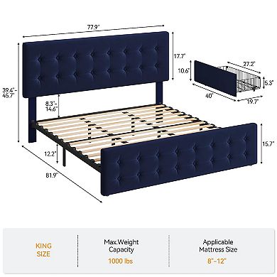Bed Frame with 4 Storage Drawers and Headboard, Linen Platform Bed with Wooden Slats Support