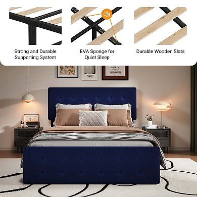 Bed Frame with 4 Storage Drawers and Headboard, Linen Platform Bed with Wooden Slats Support