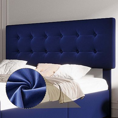 Bed Frame with 4 Storage Drawers and Headboard, Linen Platform Bed with Wooden Slats Support