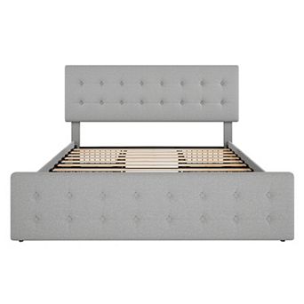 Bed Frame with 4 Storage Drawers and Headboard, Linen Platform Bed with Wooden Slats Support