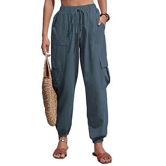 Women Ankle Cuff Linen Cargo Pants Casual Lightweight Mid Waist Track Cuff Lounge Pants with Pockets