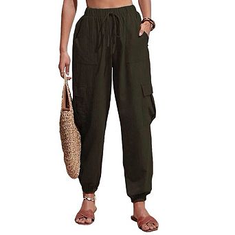 Women Ankle Cuff Linen Cargo Pants Casual Lightweight Mid Waist Track Cuff Lounge Pants with Pockets