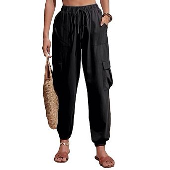 Women Ankle Cuff Linen Cargo Pants Casual Lightweight Mid Waist Track Cuff Lounge Pants with Pockets