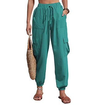 Women Ankle Cuff Linen Cargo Pants Casual Lightweight Mid Waist Track Cuff Lounge Pants with Pockets
