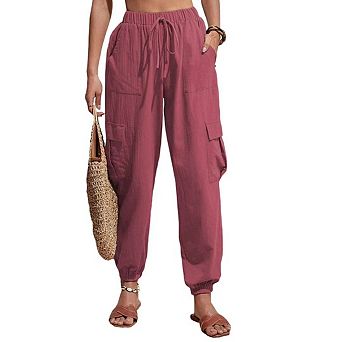 Women Ankle Cuff Linen Cargo Pants Casual Lightweight Mid Waist Track Cuff Lounge Pants with Pockets