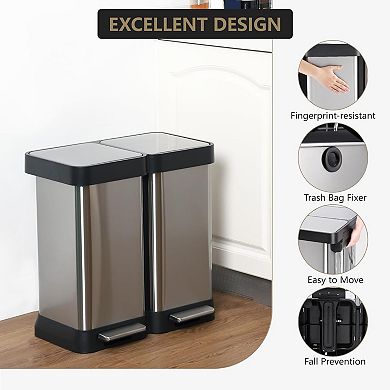 Dual Compartment Step Trash Can Stainless Steel Recycling Bin