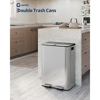 Stainless Steel Double Trash Can with Lid, Dual Compartment Step-on Kitchen Garbage