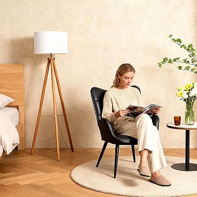 Modern Accent Chair, Upholstered Grey Fabric Chair with Oak Legs for Kitchen Dining Room Cafe