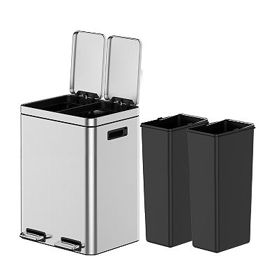 Kitchen Trash Can, 2 x 5.3 gal Garbage Can, Stainless Steel Waste Bins for Recycling and Trash