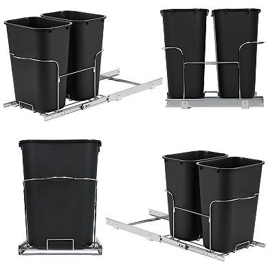 35QT×2 Pull Out Trash Can, Under Cabinet Double Waste Bin with Chrome Steel Slides