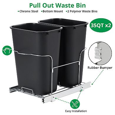 35QT×2 Pull Out Trash Can, Under Cabinet Double Waste Bin with Chrome Steel Slides